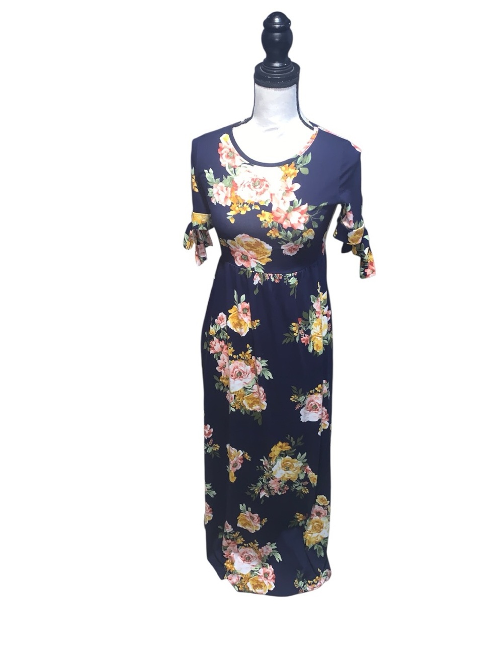 Downeast Navy Floral Maxi Dress Keyhole Bow Short Sleeves Pockets